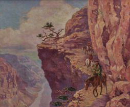 A. Creasey. 20. Jh. Sign. Reitende Indianer am Gran Canyon. Öl/Lwd. 75 x 91 cm. R