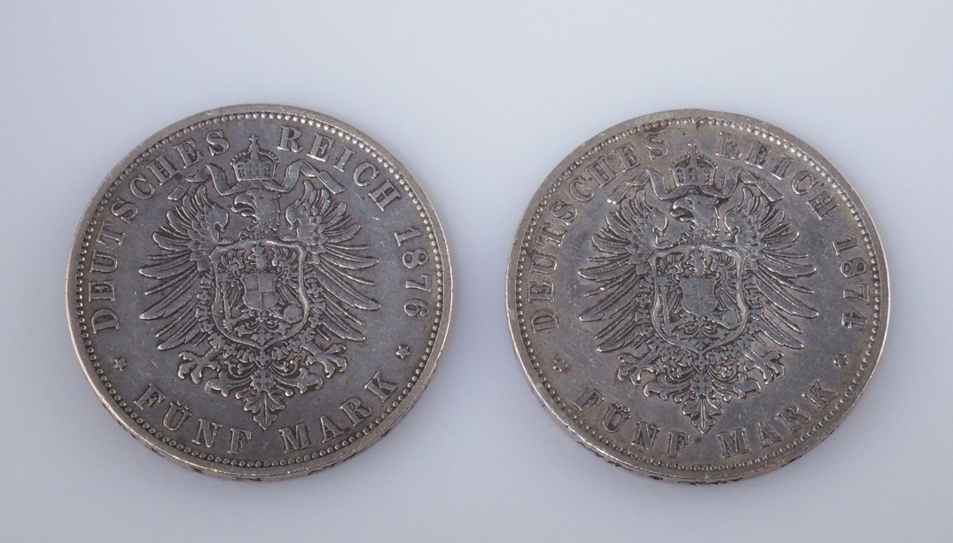 Württemberg. Fünf Mark. Zwei Münzen 1874 und 1876. J 173 - Image 2 of 2