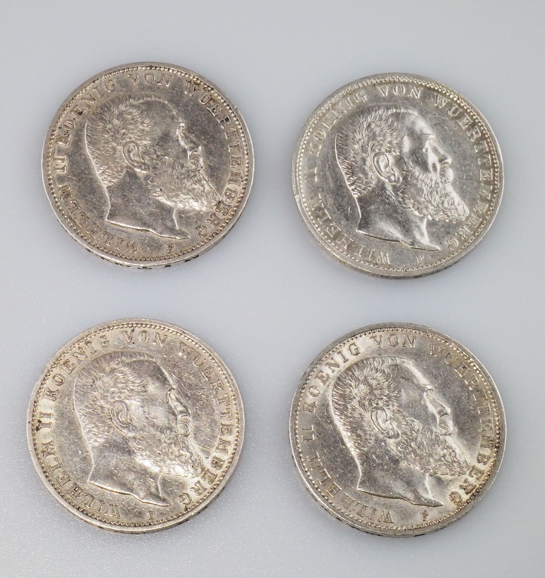 Württemberg. Drei Mark. Vier Münzen. Drei Stück 1909 und ein Stück 1912. J 175