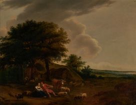 Deutsch-holländischer Maler des 18. Jh. Pastorale. Tändelndes Paar mit Schafherde und Kuh am Waldr