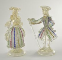 Paar Venezianische Figurinen. Farbloses Glas mit Goldrisseinschmelzungen, latticino und Farbspirale