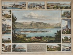 Lindau. 'Lindau mit seiner Umgebung'. Souvenirblatt mit 13 kleinen Ansichten um Gesamtansicht der I