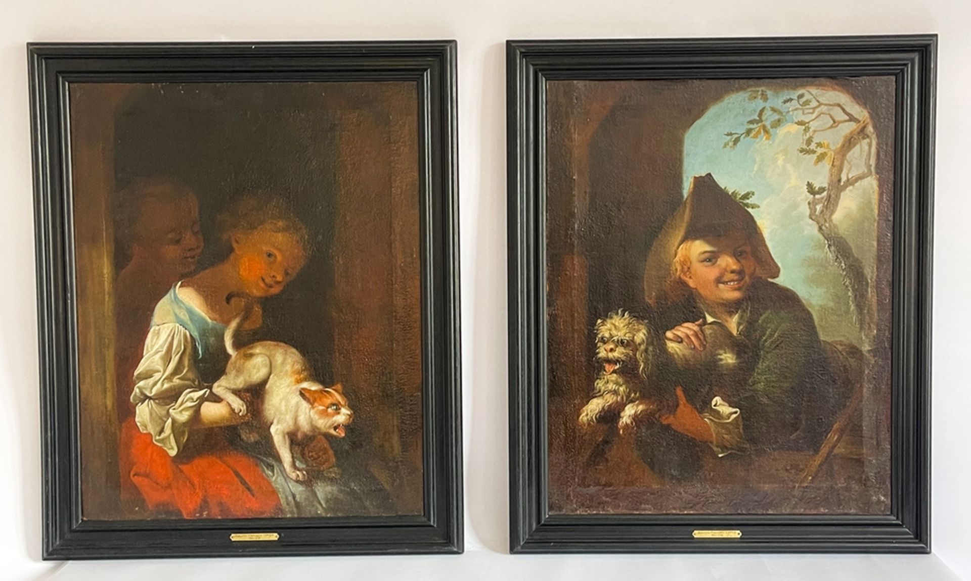 Paar Gemälde Kinder mit Hund und Katze