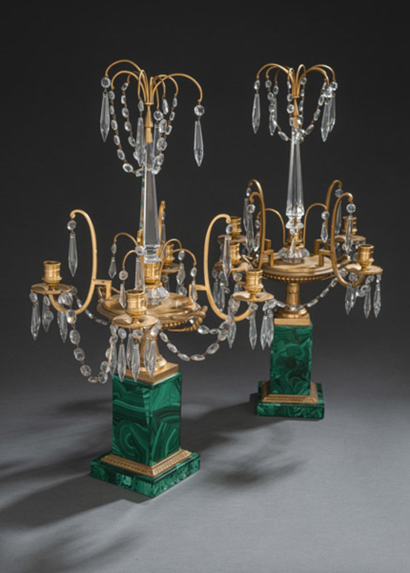 A PAIR OF GILT-BRONZE AND MALACHITE FOUR-LIGHT CANDELABRA - Image 3 of 4