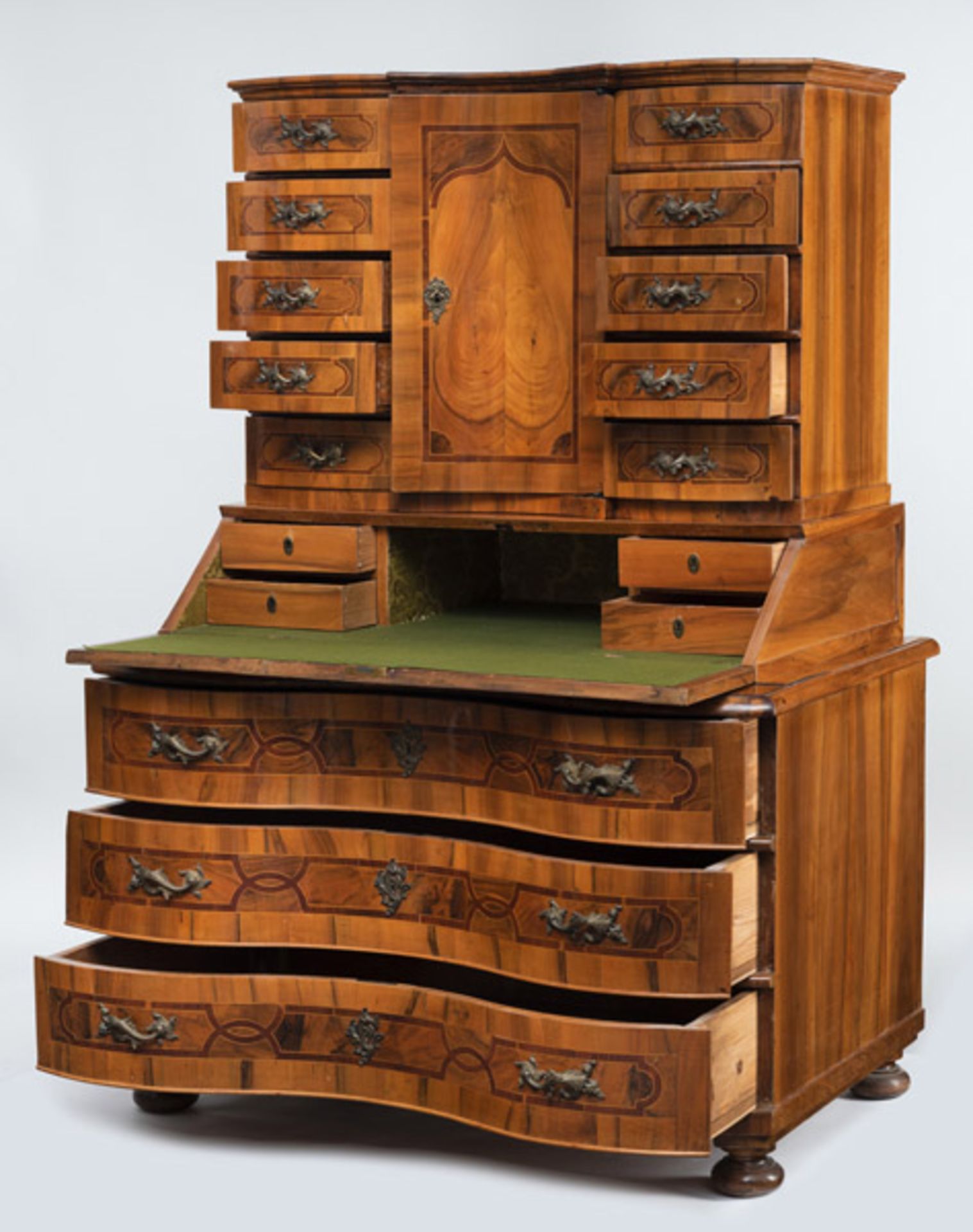 A GERMAN BRASS MOUNTED WALNUT AND PLUM BUREAU CABINET A-TROIS-CORPS - Image 6 of 8