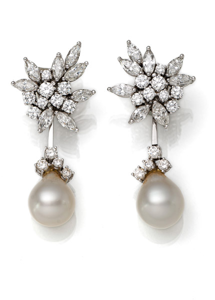 A  FINE PAIR OF PEARL AND DIAMOND EARRINGS