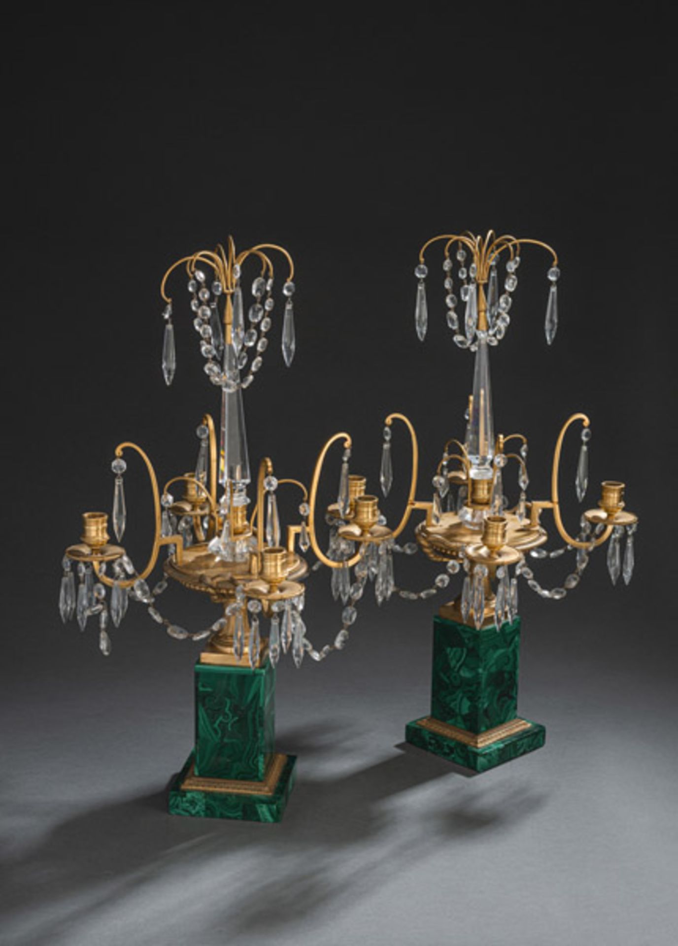 A PAIR OF GILT-BRONZE AND MALACHITE FOUR-LIGHT CANDELABRA - Image 2 of 4