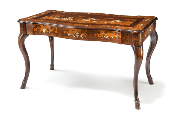 AN ELABORATE IVORY INLAID WALNUT, SOFTWOOD AND FRUITWOOD MARQUETRIED CENTRE TABLE
