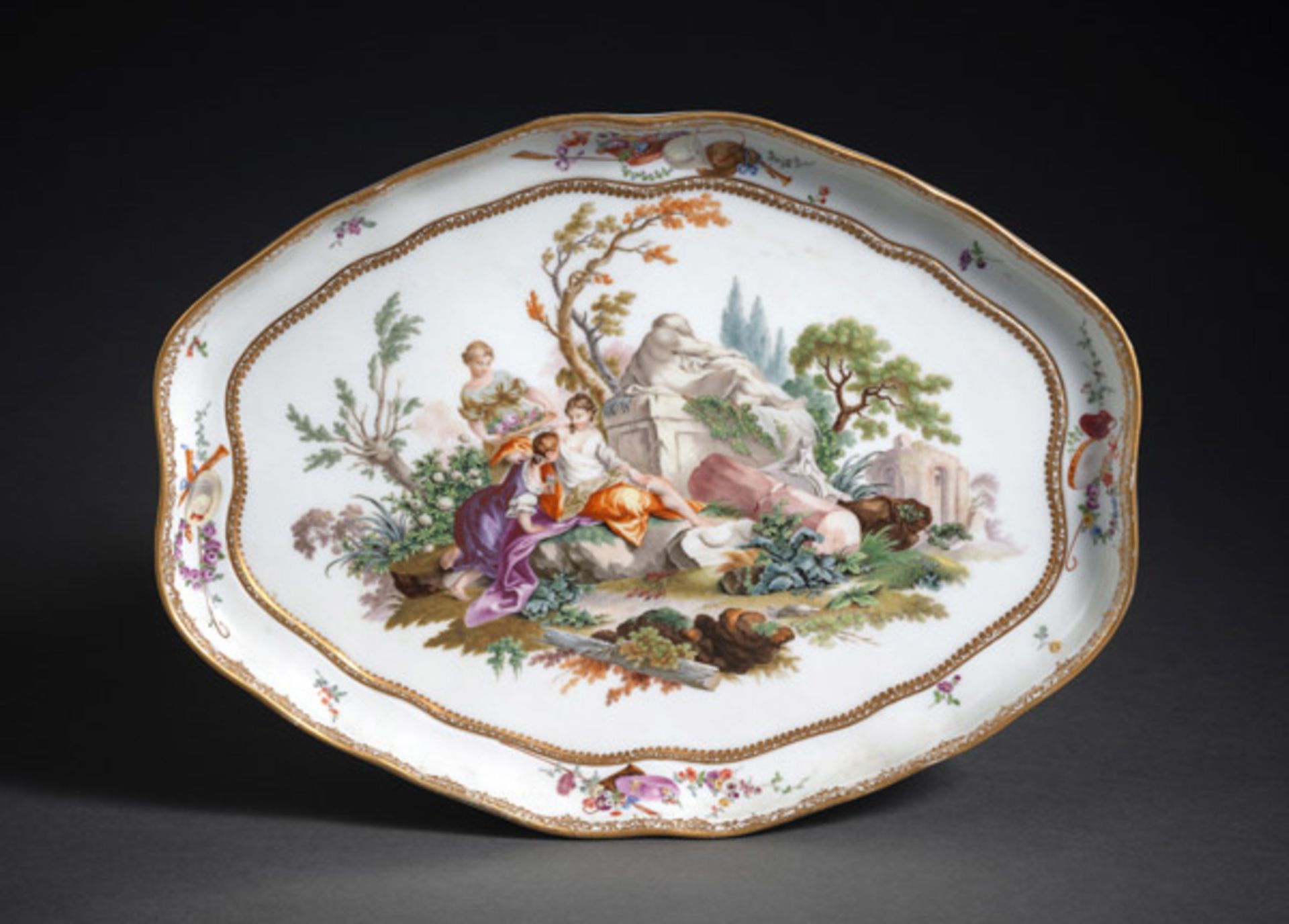 A MEISSEN OVAL TRAY WITH ALLEGORY OF SPRING