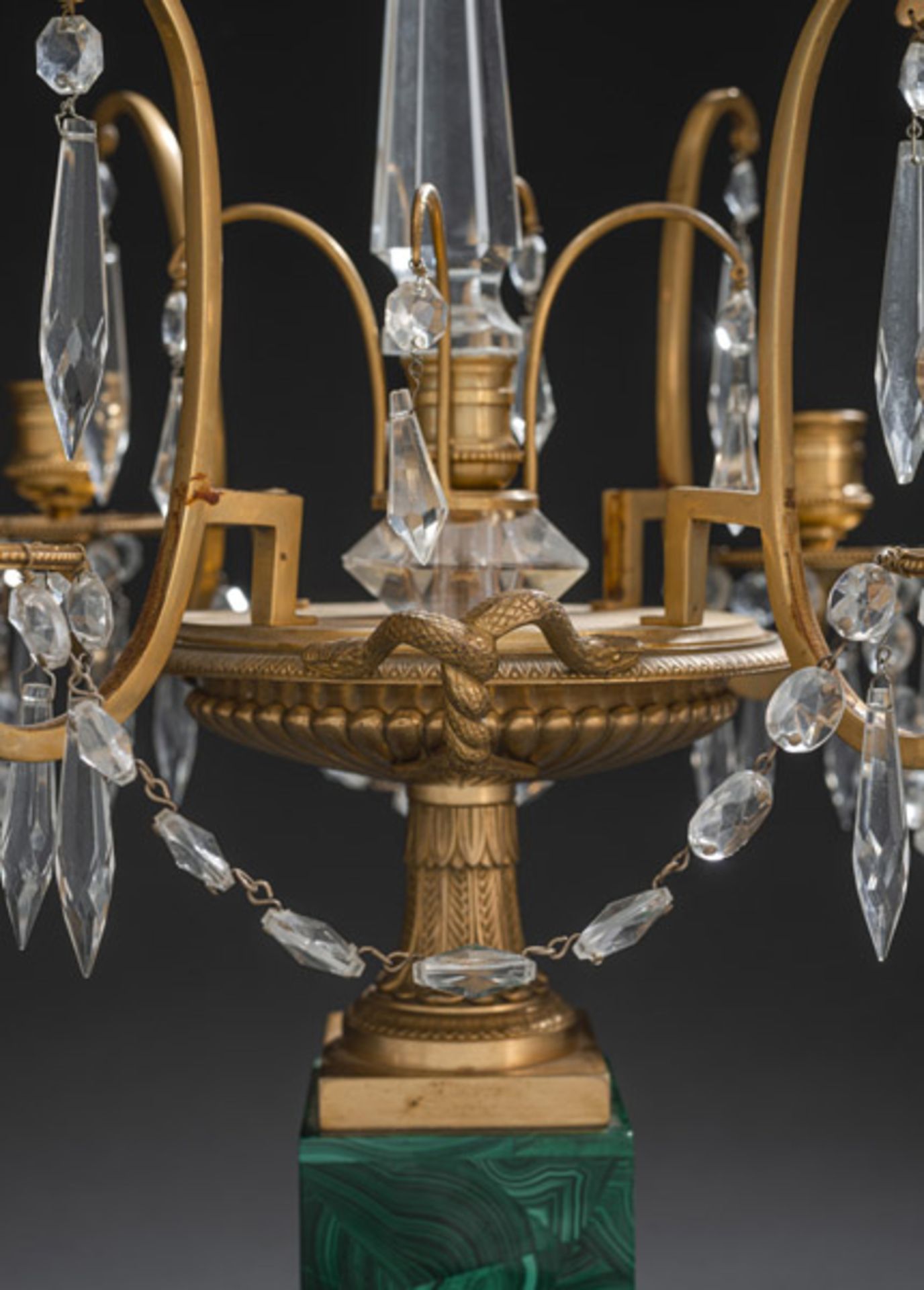 A PAIR OF GILT-BRONZE AND MALACHITE FOUR-LIGHT CANDELABRA - Image 4 of 4