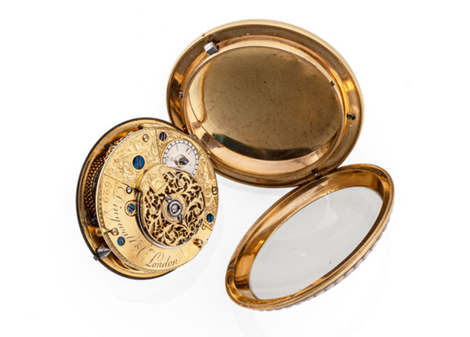 Feine Gold-Email-Taschenuhr mit perlbesetzten Lunetten - Bild 4 aus 4