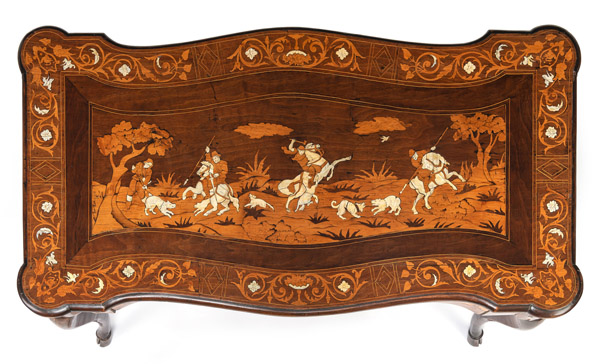 AN ELABORATE IVORY INLAID WALNUT, SOFTWOOD AND FRUITWOOD MARQUETRIED CENTRE TABLE - Image 6 of 8