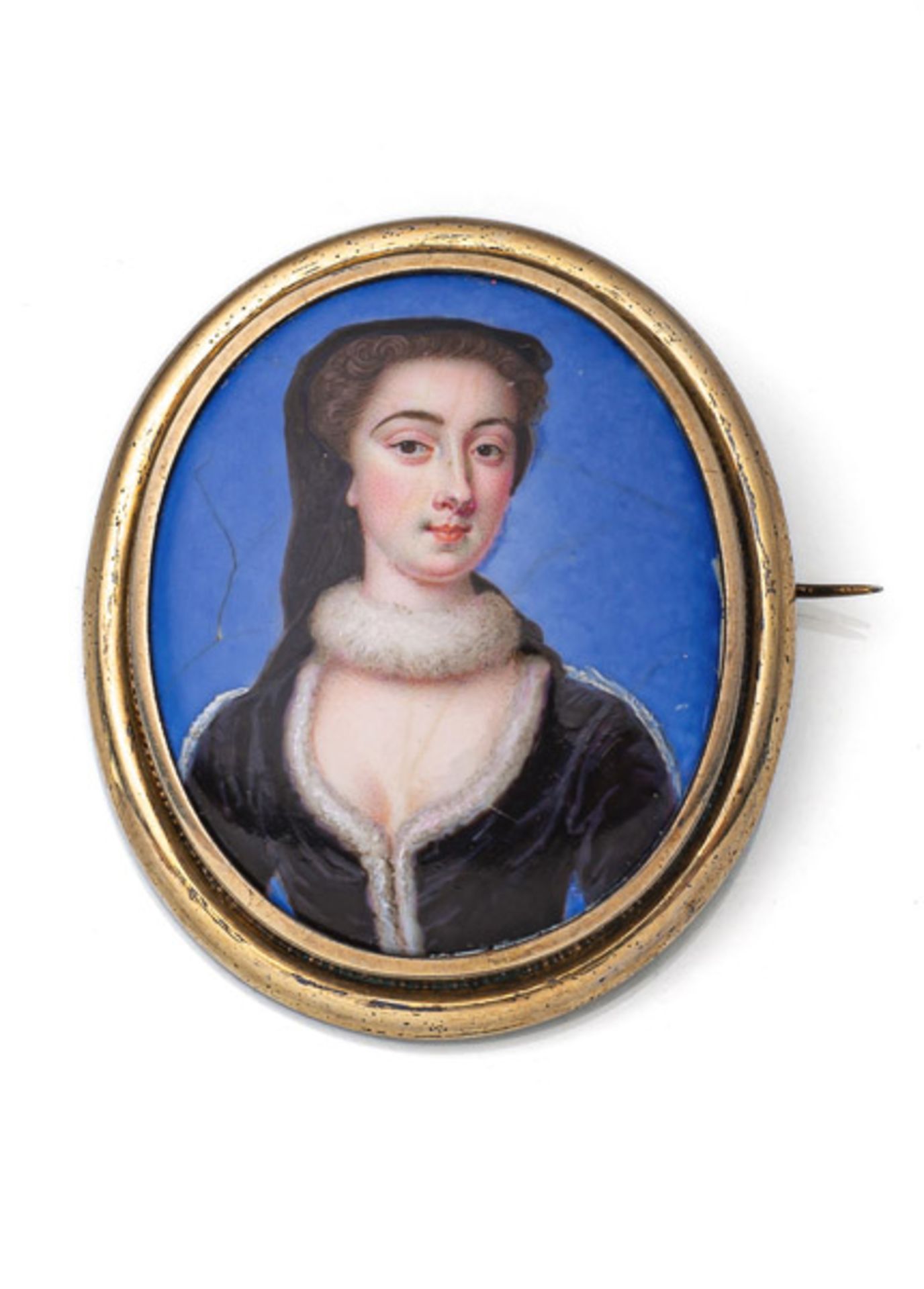 A PORTRAIT MINIATURE OF A LADY IN A BLACK DRESS WITH WHITE FUR
