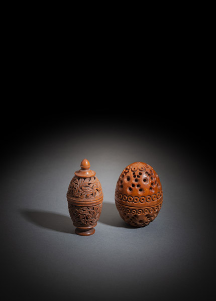 TWO CARVED NUT SCENT BOXES