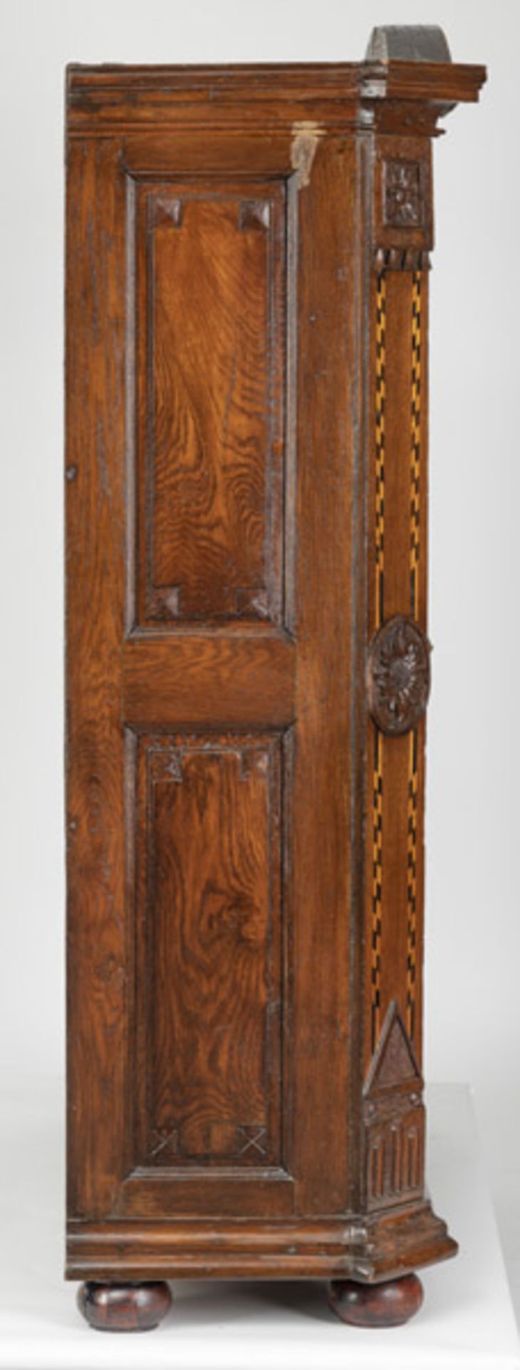 A NEOCLASSICAL BRASS MOUNTED CARVED OAKWOOD FRUITWOOD AND BOG OAK CUPBOARD - Image 6 of 6