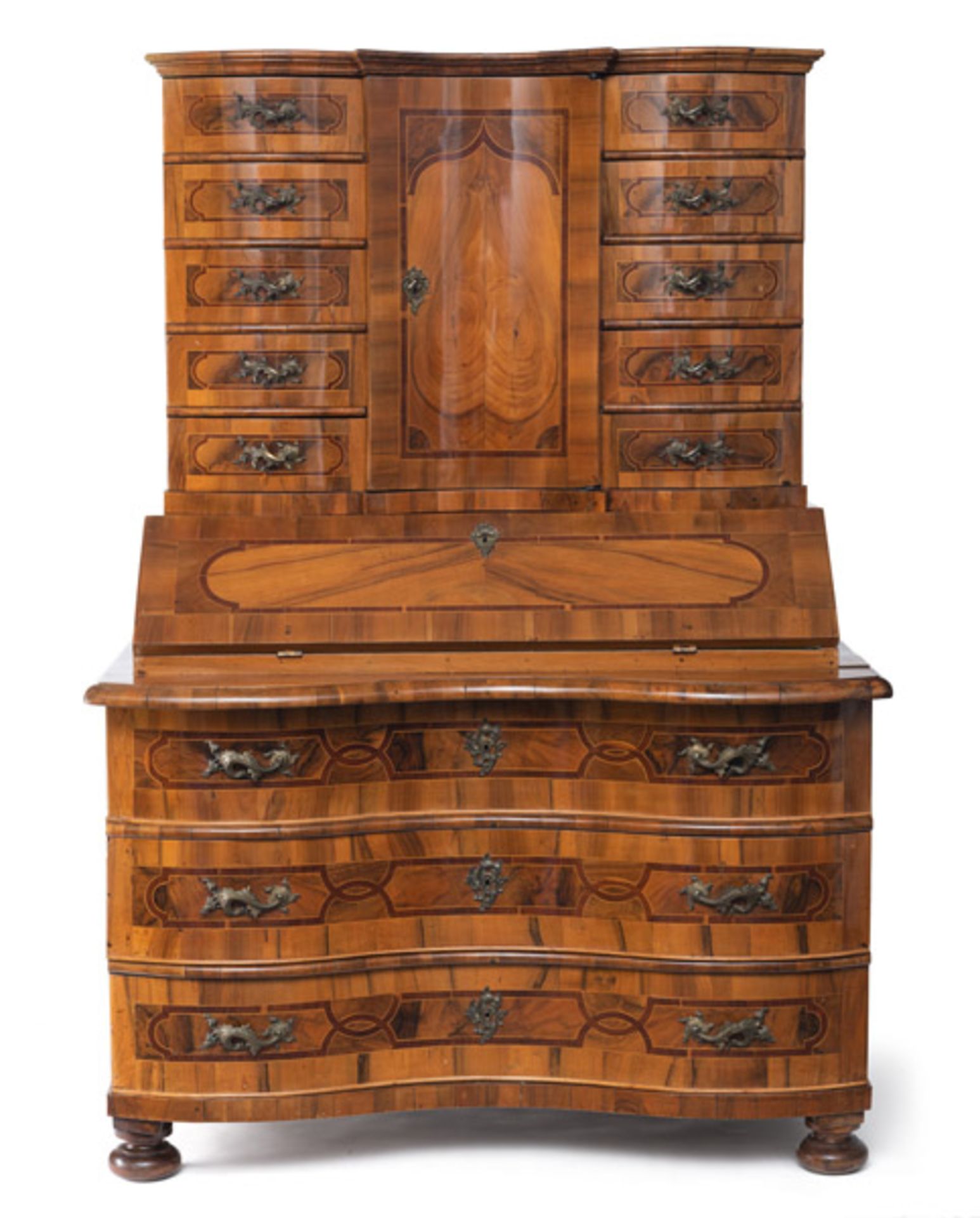 A GERMAN BRASS MOUNTED WALNUT AND PLUM BUREAU CABINET A-TROIS-CORPS - Image 2 of 8