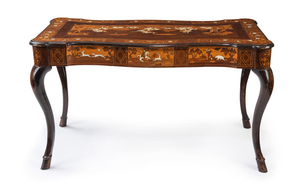 AN ELABORATE IVORY INLAID WALNUT, SOFTWOOD AND FRUITWOOD MARQUETRIED CENTRE TABLE - Image 4 of 8