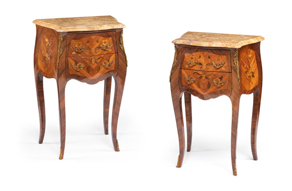 A PAIR OF LOUIS-XV-STYLE BRONZE MOUNTED OCCASIONAL COMMODES