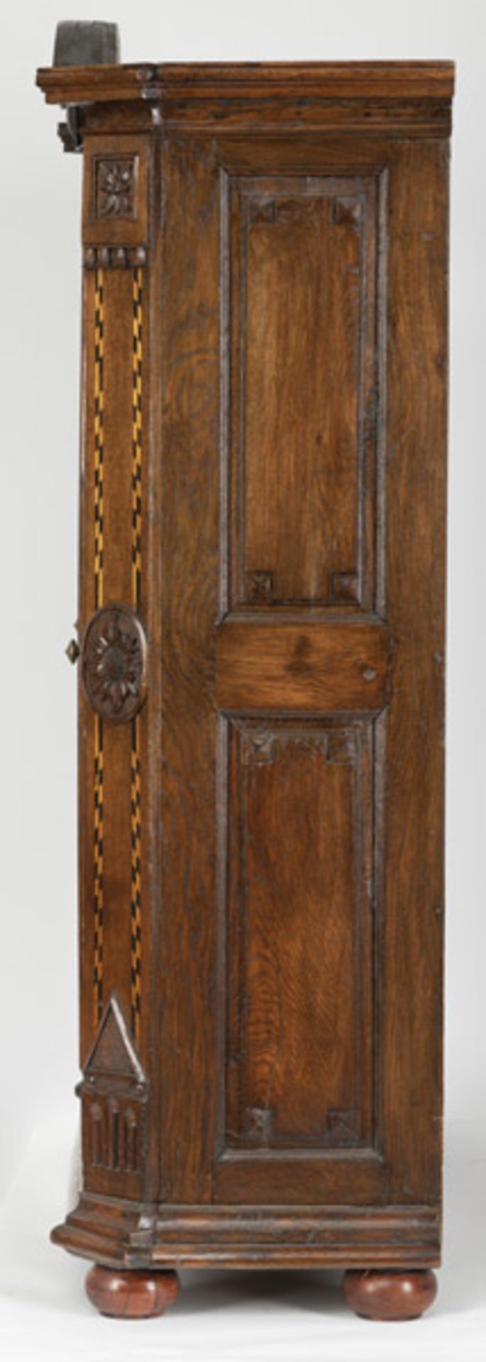 A NEOCLASSICAL BRASS MOUNTED CARVED OAKWOOD FRUITWOOD AND BOG OAK CUPBOARD - Image 4 of 6