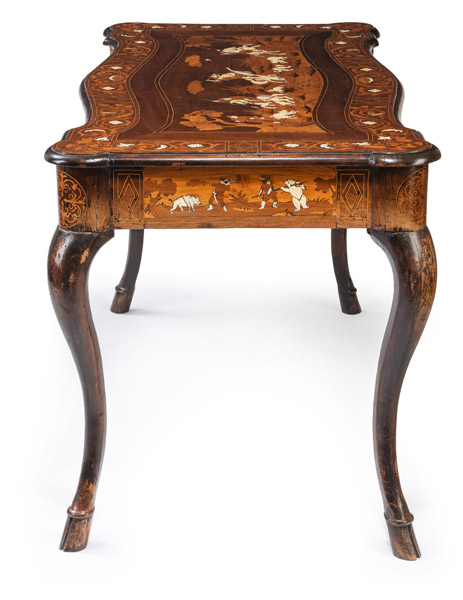 AN ELABORATE IVORY INLAID WALNUT, SOFTWOOD AND FRUITWOOD MARQUETRIED CENTRE TABLE - Image 5 of 8