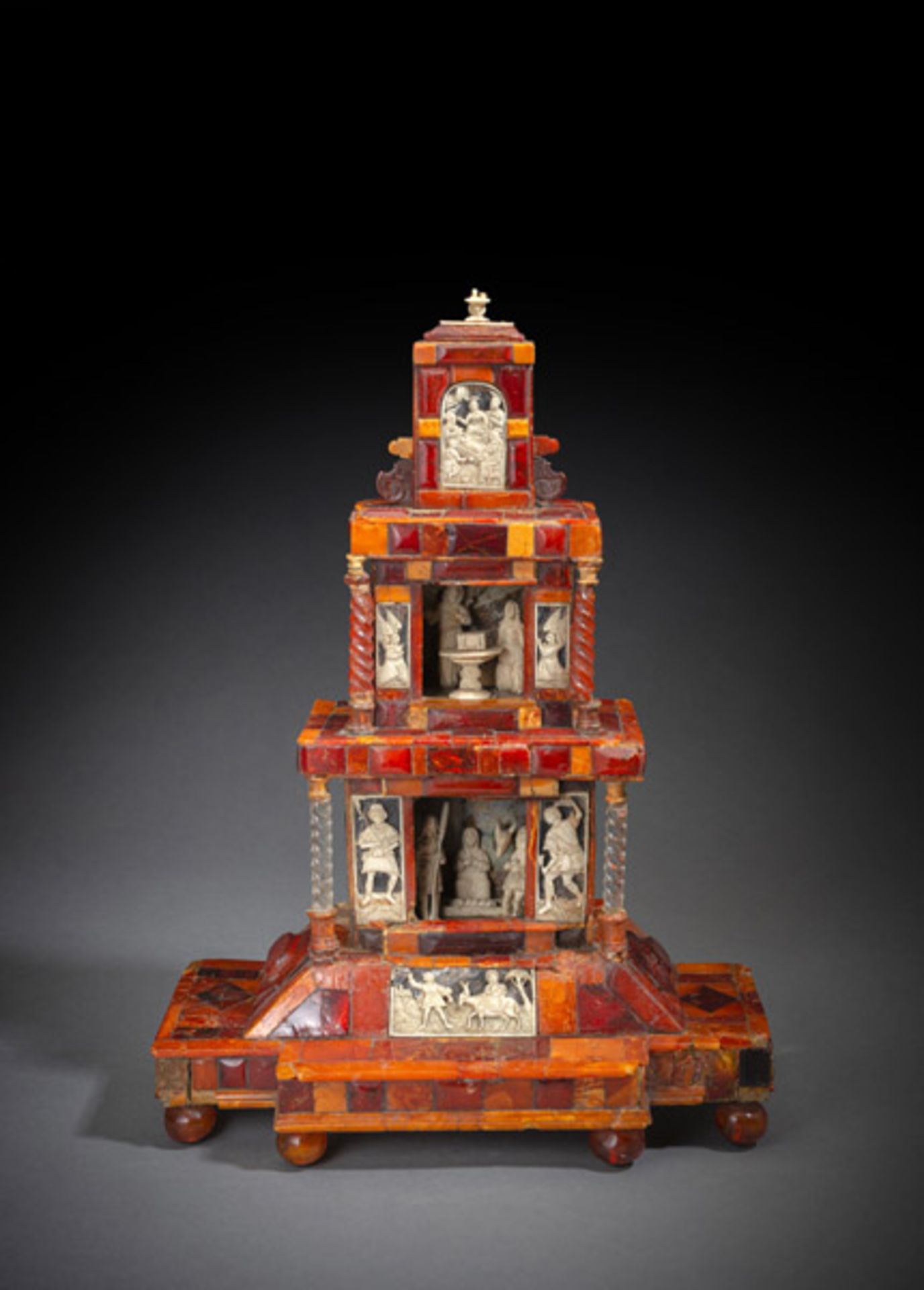 A RARE TORTOISE SHELL AND IVORY MOUNTED WOOD HOUSE ALTAR