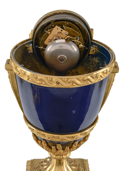 A FRENCH GILTBRONZE AND ENAMEL VASE SHAPED PENDULE AND TWO MATCHING CANDLESTICKS - Image 3 of 5