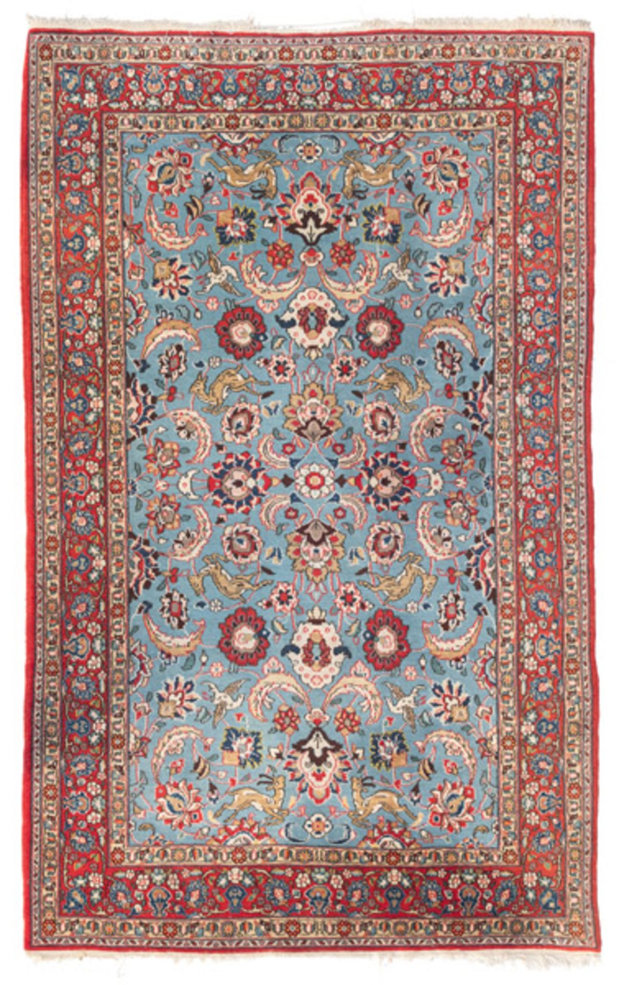 A light blue floral and animal patterned Tabriz rug