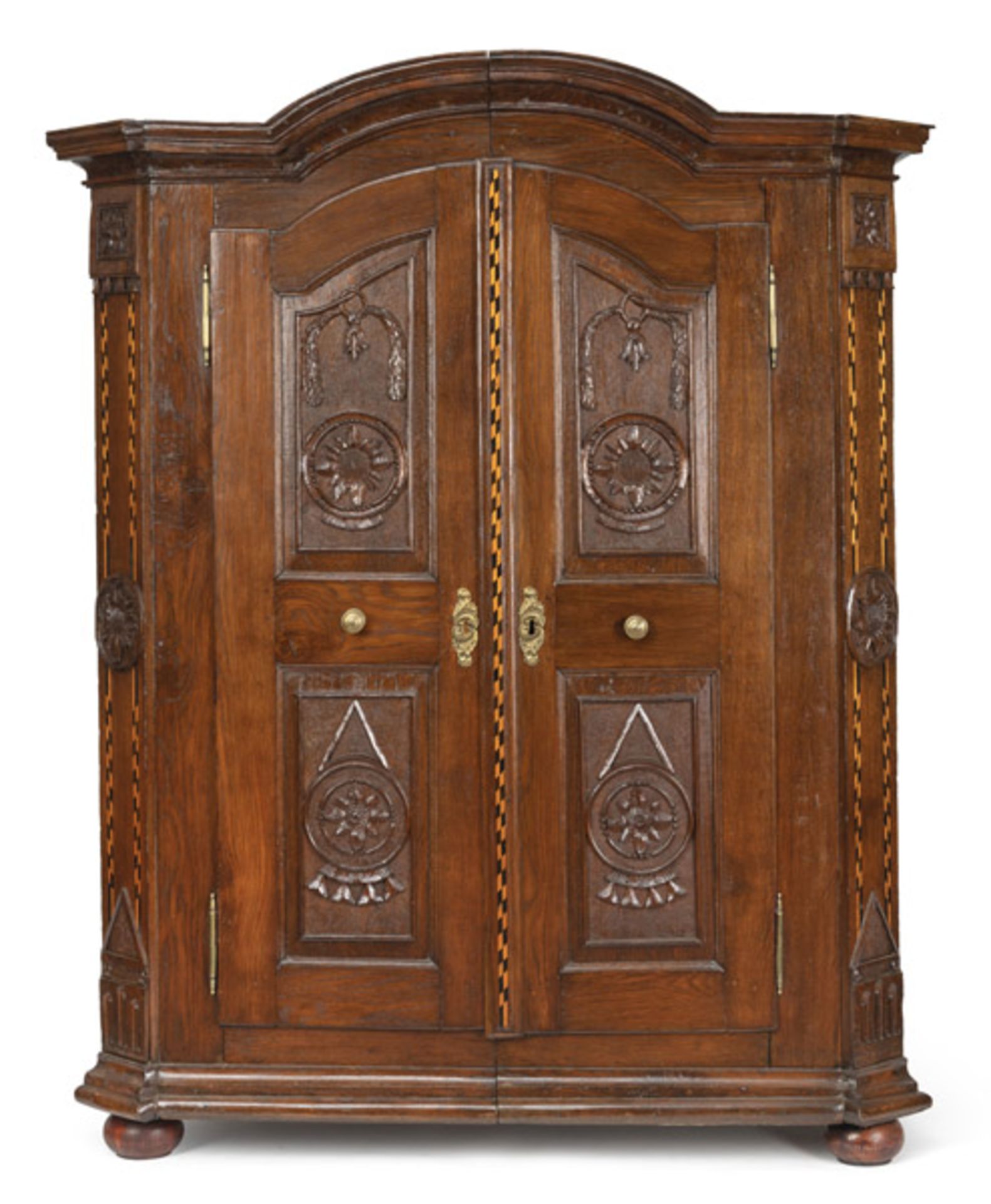 A NEOCLASSICAL BRASS MOUNTED CARVED OAKWOOD FRUITWOOD AND BOG OAK CUPBOARD - Image 2 of 6