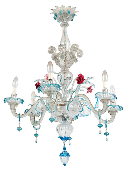 A VENETIAN POLYCHROME MURANO GLASS SIX-LIGHT CHANDELIER