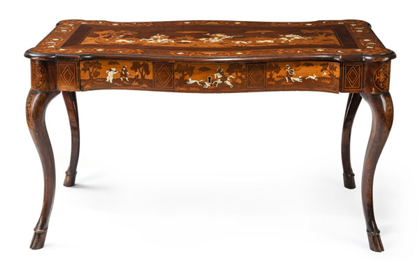 AN ELABORATE IVORY INLAID WALNUT, SOFTWOOD AND FRUITWOOD MARQUETRIED CENTRE TABLE - Image 7 of 8