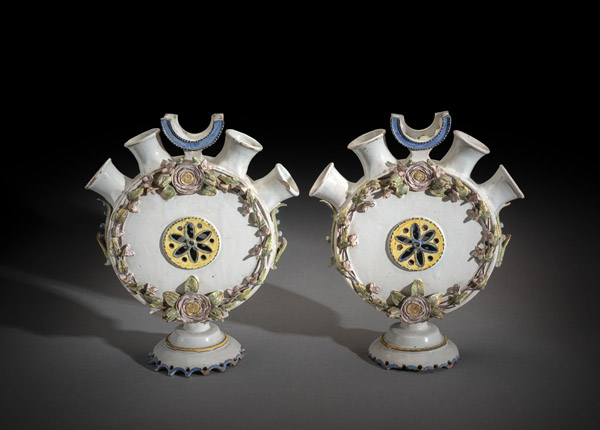 A PAIR OF EXCEPTIONAL FRENCH FAYENCE TULIP VASES