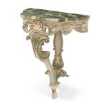 A GREEN AND WHITE PAINTED AND CARVED SOFTWOOD ROCOCO WALL CONSOLE