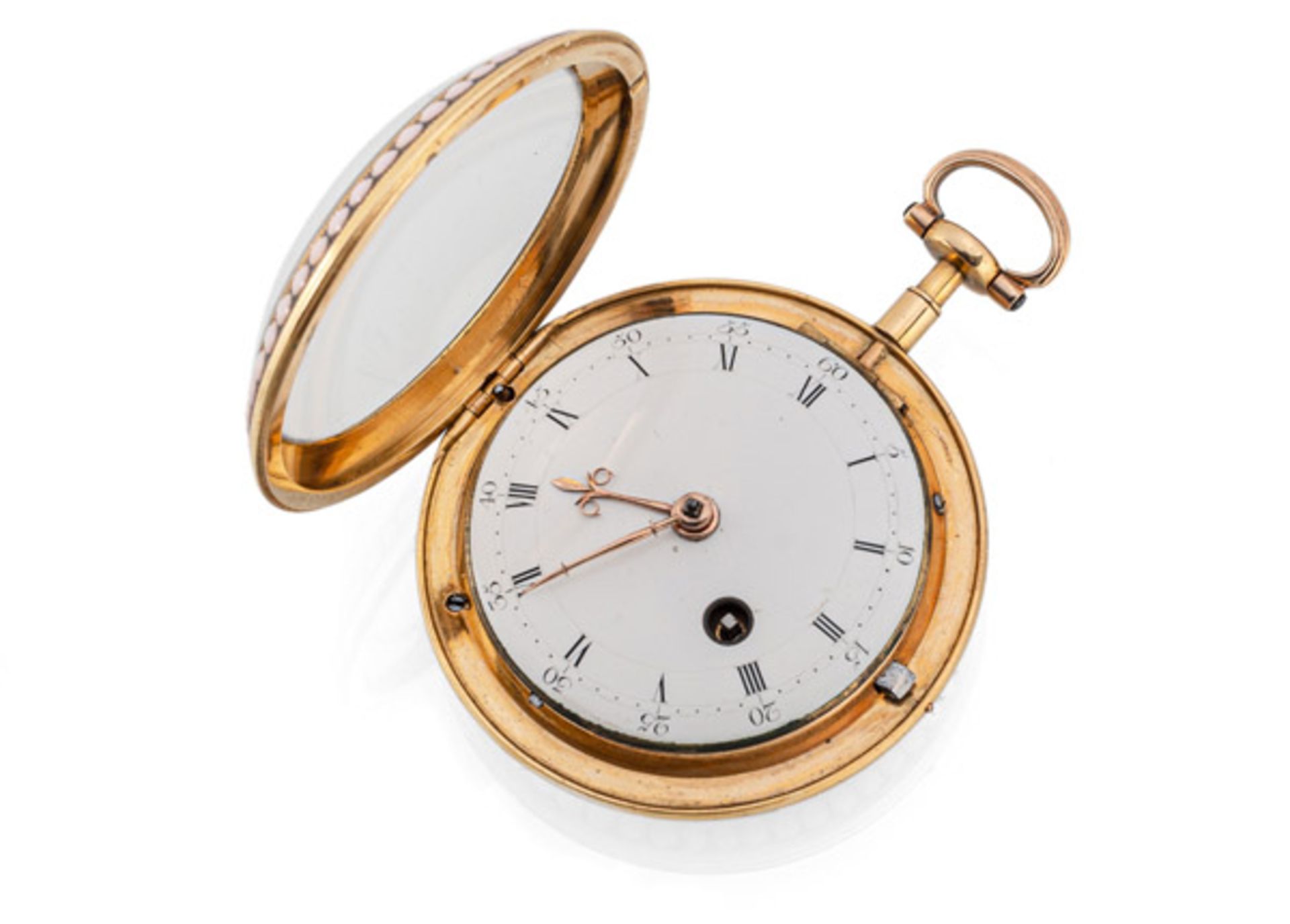 Feine Gold-Email-Taschenuhr mit perlbesetzten Lunetten - Bild 3 aus 4