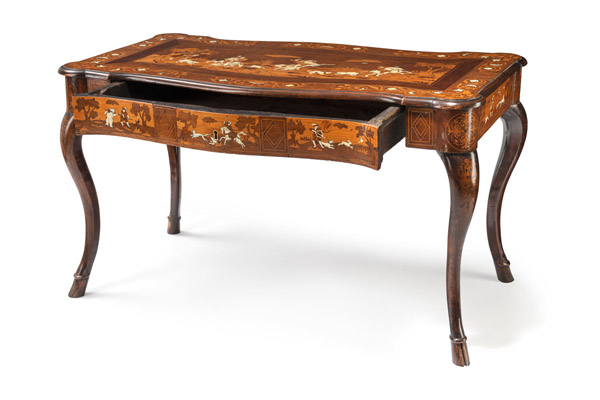 AN ELABORATE IVORY INLAID WALNUT, SOFTWOOD AND FRUITWOOD MARQUETRIED CENTRE TABLE - Image 2 of 8