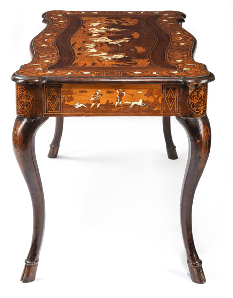 AN ELABORATE IVORY INLAID WALNUT, SOFTWOOD AND FRUITWOOD MARQUETRIED CENTRE TABLE - Image 3 of 8