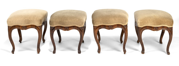 A SET OF FOUR SOUTHGERMAN BAROQUE CARVED WALNUT FAUTEUILS AND A SET OF FOUR STOOLS - Image 4 of 14