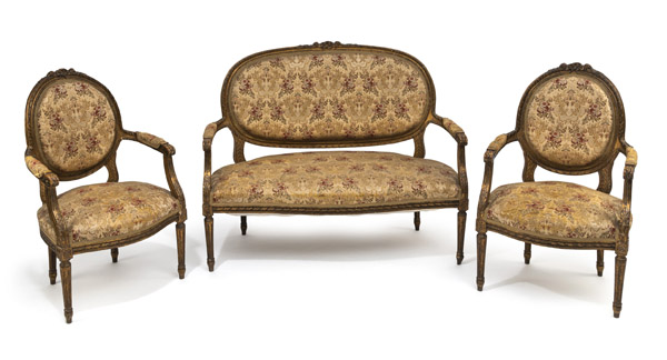 A LOUIS XVI STYLE SETTEE AND TWO FAUTEUILS