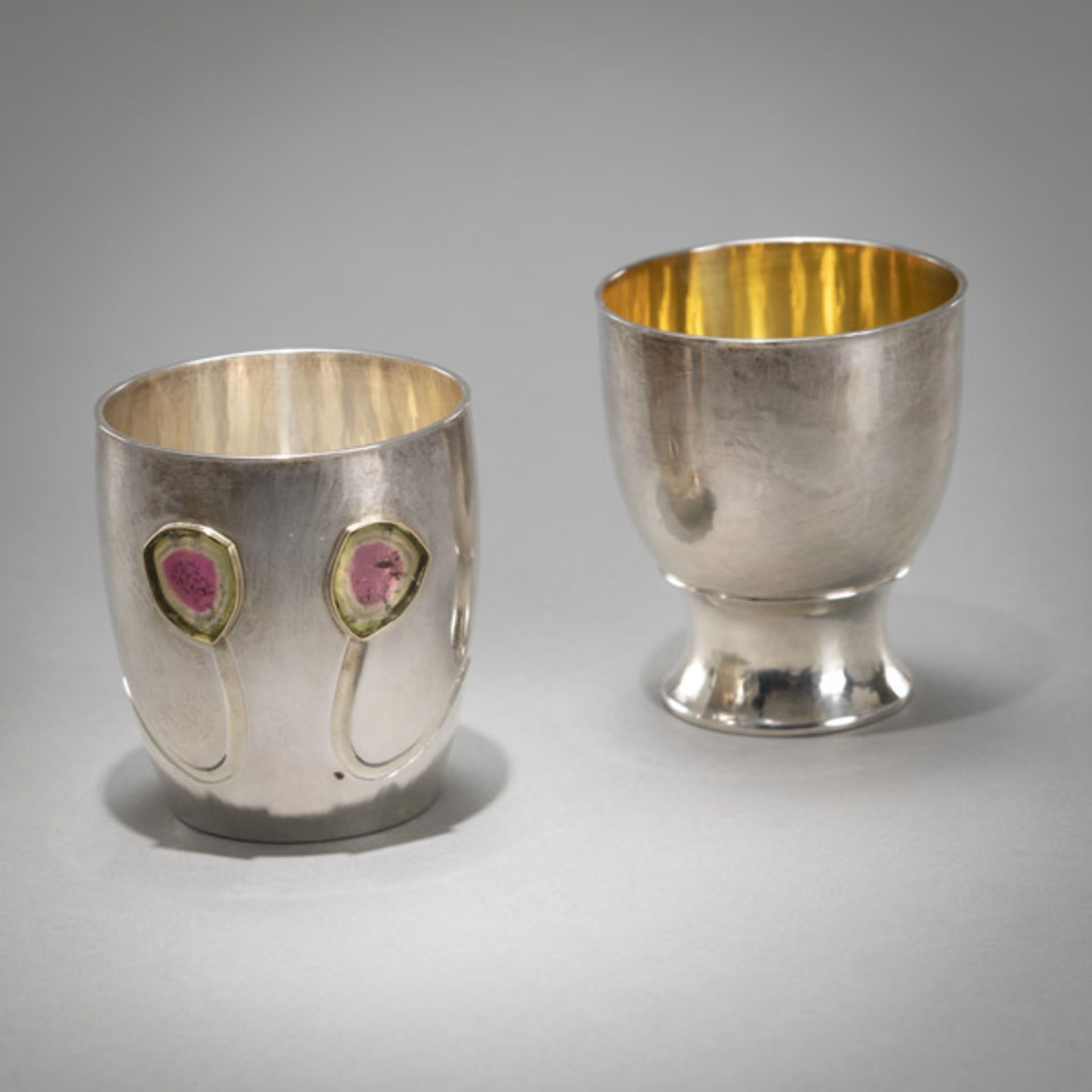 TWO GERMAN STERLING SILVER BEAKER WITH ROCK CRYSTAL AND GLASS INLAY
