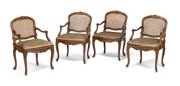 A SET OF FOUR SOUTHGERMAN BAROQUE CARVED WALNUT FAUTEUILS AND A SET OF FOUR STOOLS - Image 2 of 14