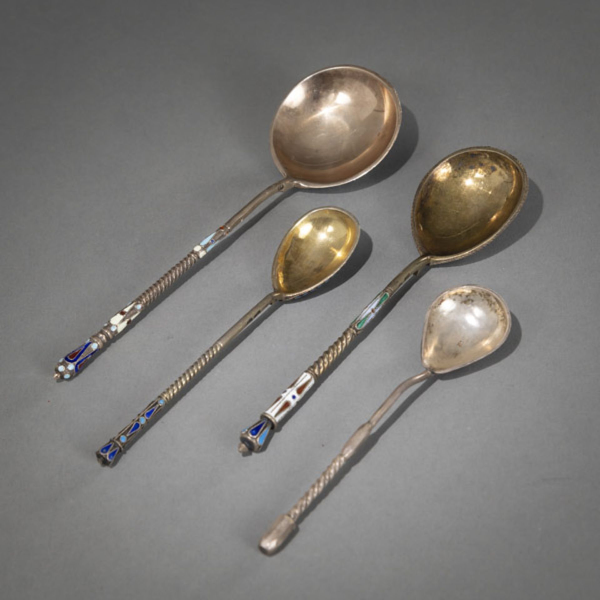 FOUR CLOISONNE ENAMEL SILVER SPOONS