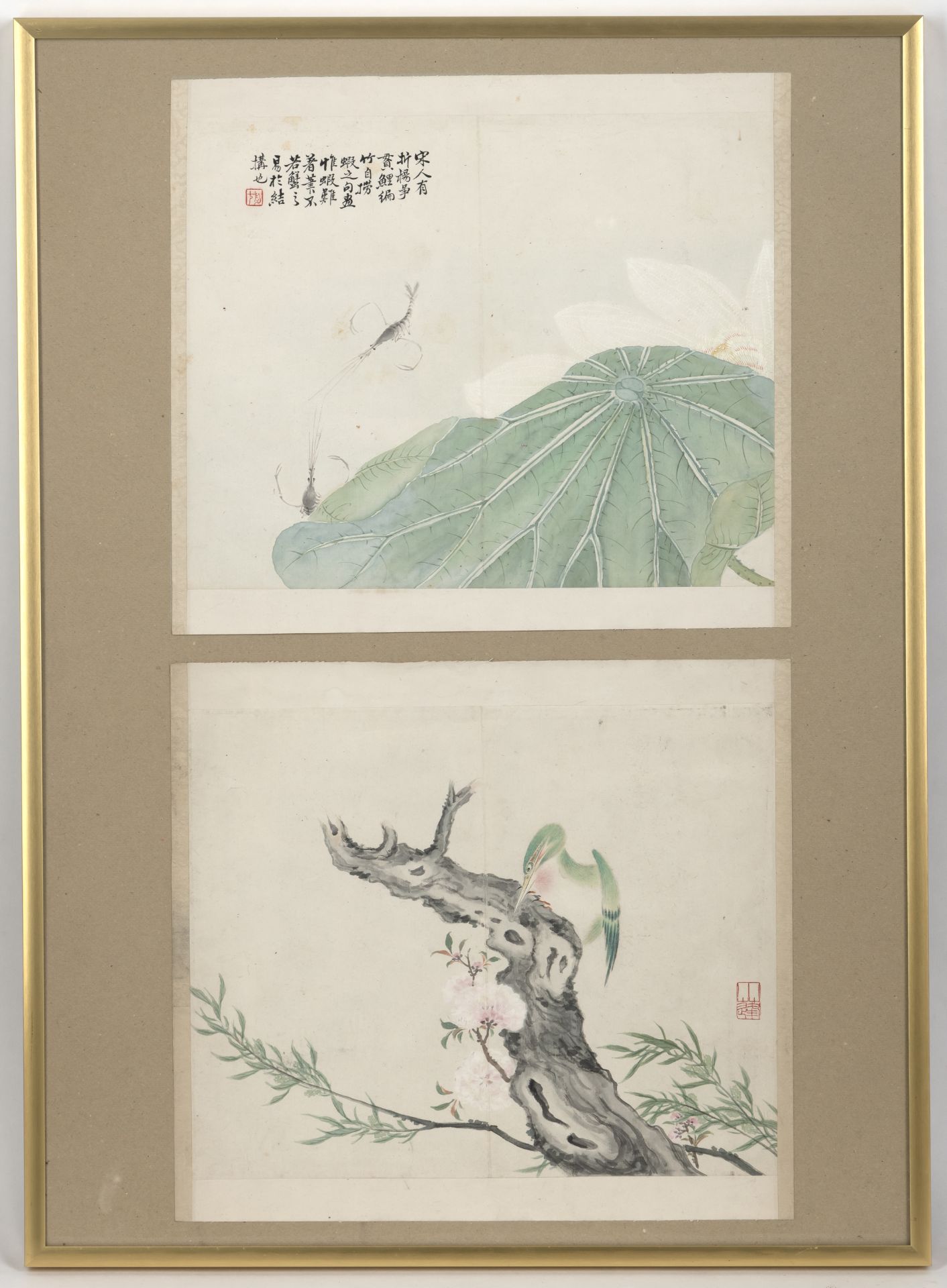 A PAIR OF ALBUM LEAVES DEPICTING LOTUS AND SHRIMP RESP. A BIRD ON A BLOSSOMING PEACH TREE - Image 4 of 4