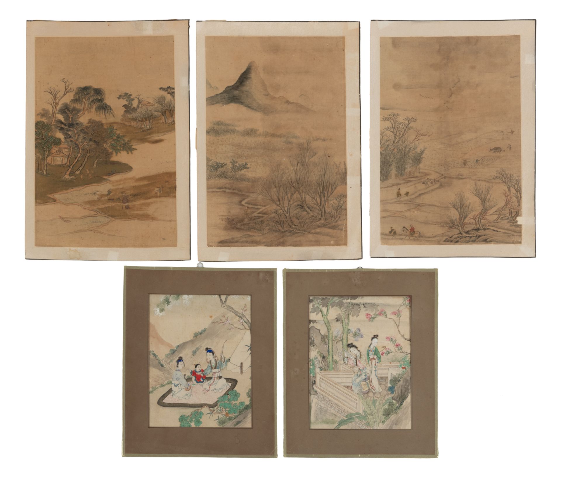 A SET OF THREE ALBUM LEAVES DEPICTING FIELD LANDSCAPES AND FARMERS AND A PAIR OF ALBUM LEAVES WITH