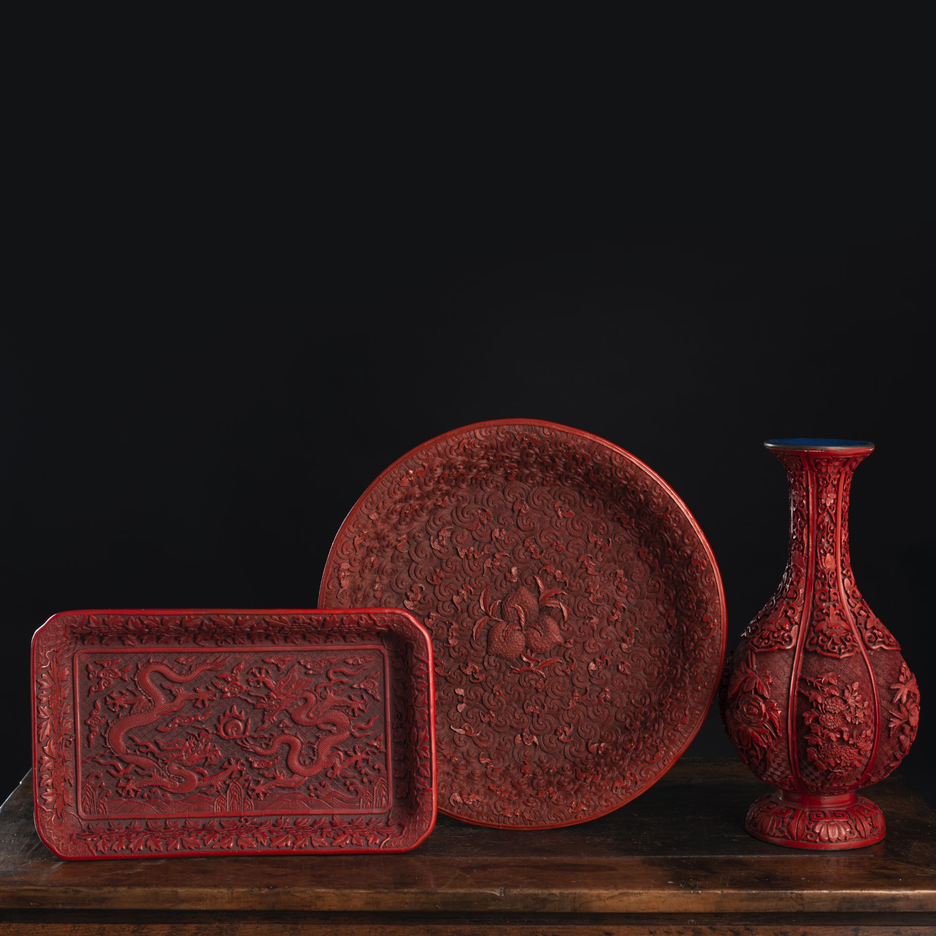 A SIX-LOBED VASE, A RECTANGULAR TRAY, AND A DISH WITH RED-LACQUER DECORATION