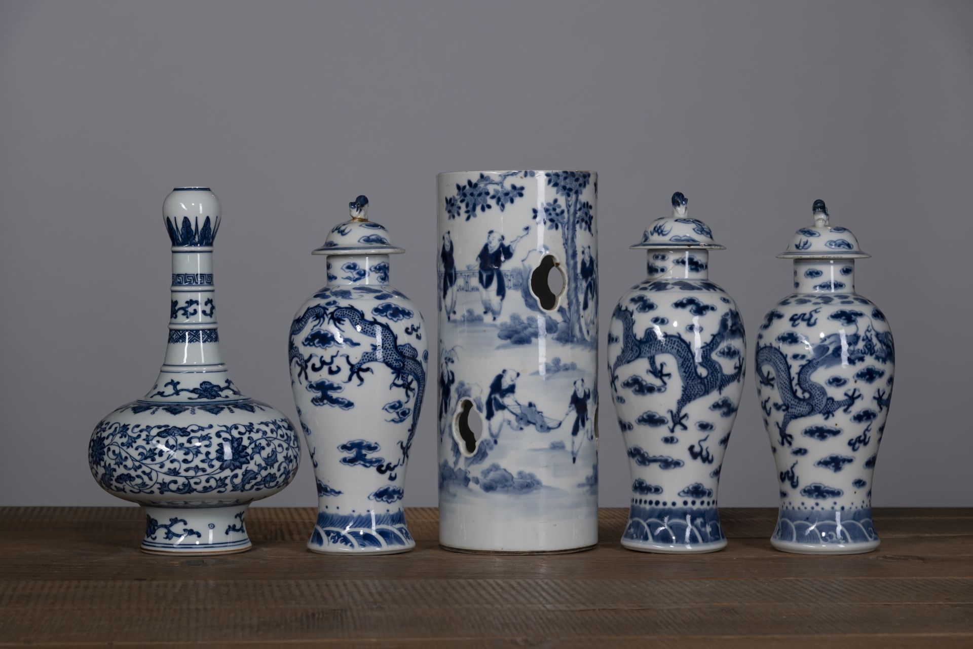 THREE BLUE AND WHITE PORCELAIN DRAGON VASES AND COVERS, A HAT STAND, AND A BOTTLE VASE - Image 3 of 6