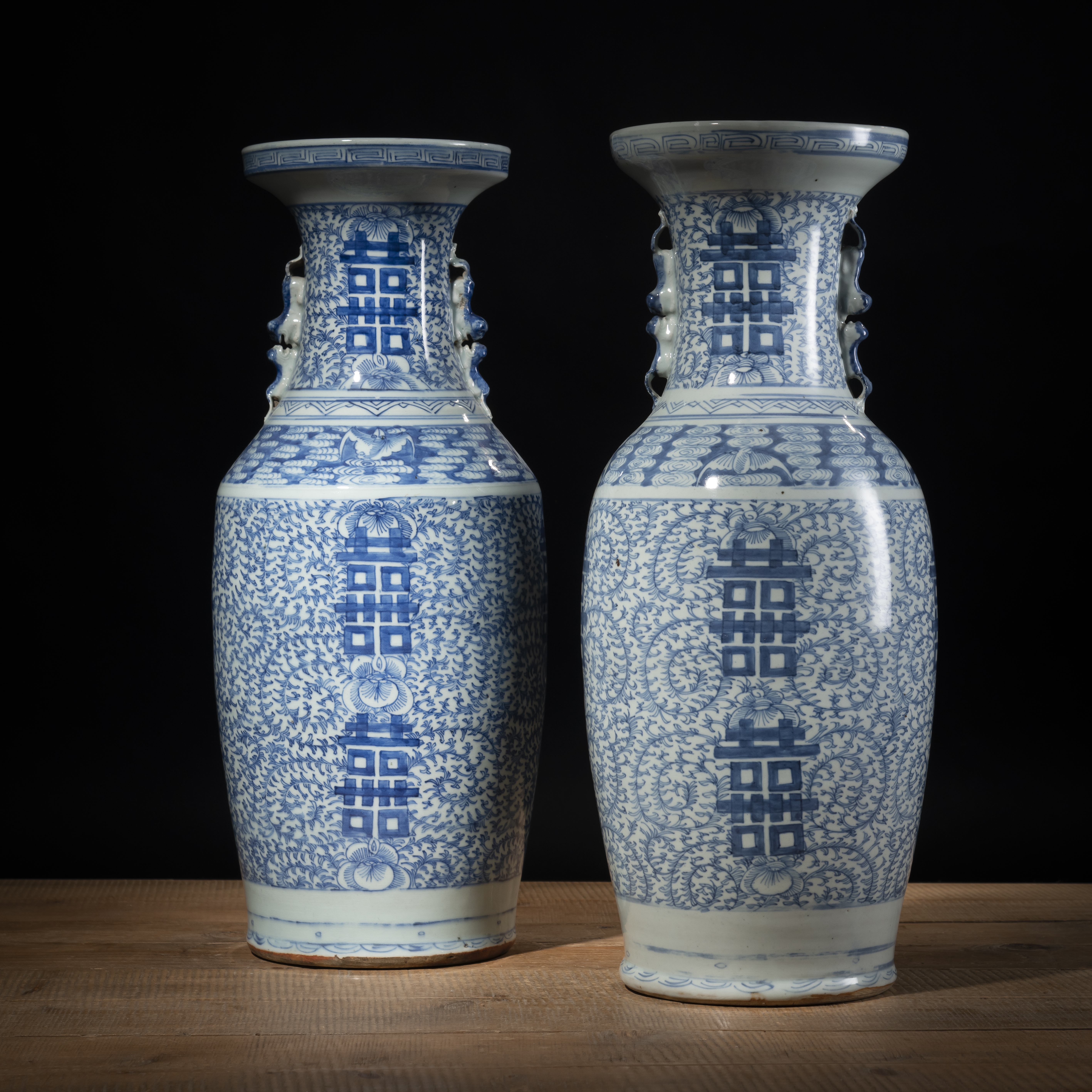 TWO BLUE AND WHITE 'SHUANGXI' PORCELAIN VASES