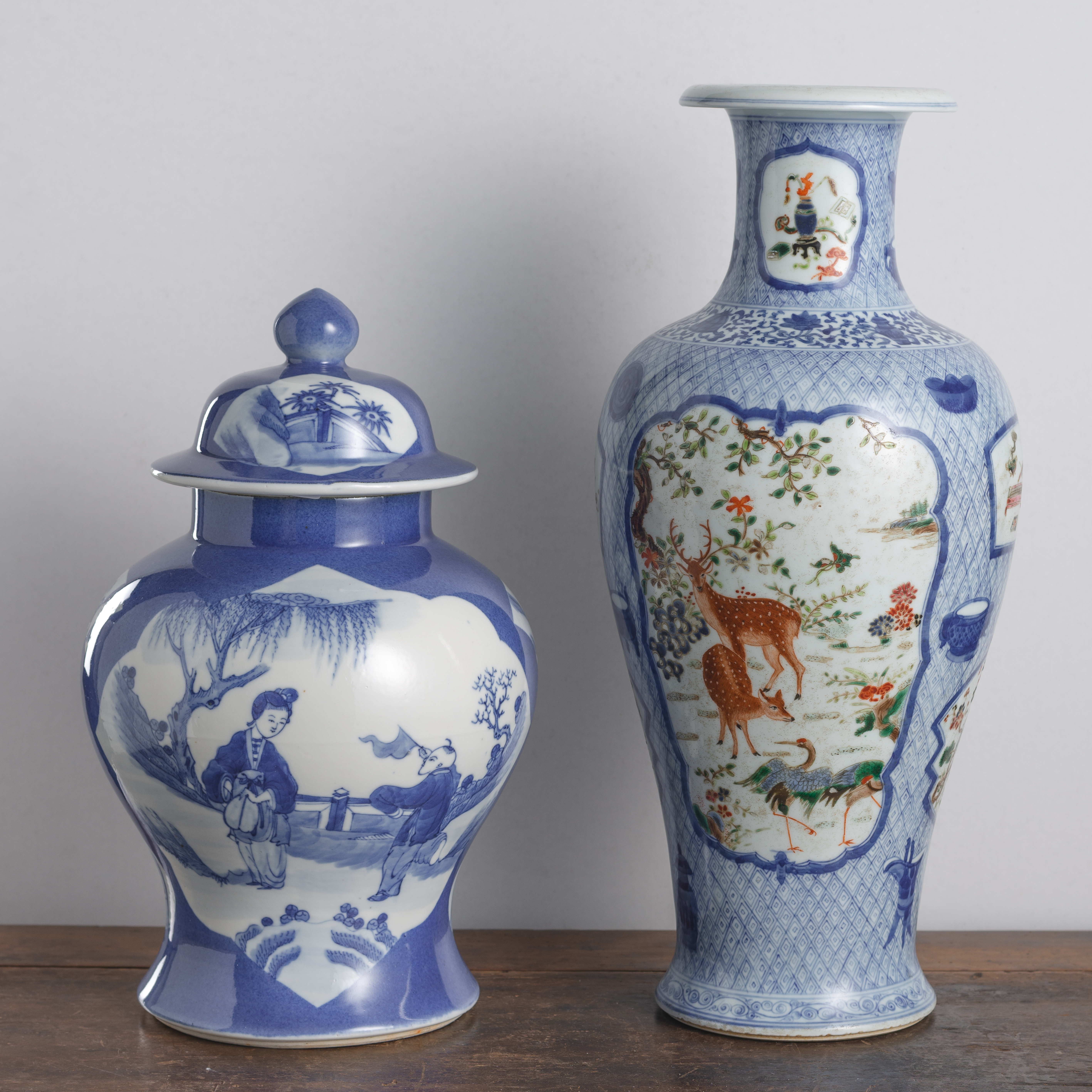 A POWDER-BLUE PORCELAIN VASE AND COVER AND A POLYCHROME DEER, PHEASANTS, AND BUDDHIST EMBLEMS BALUS - Image 3 of 6