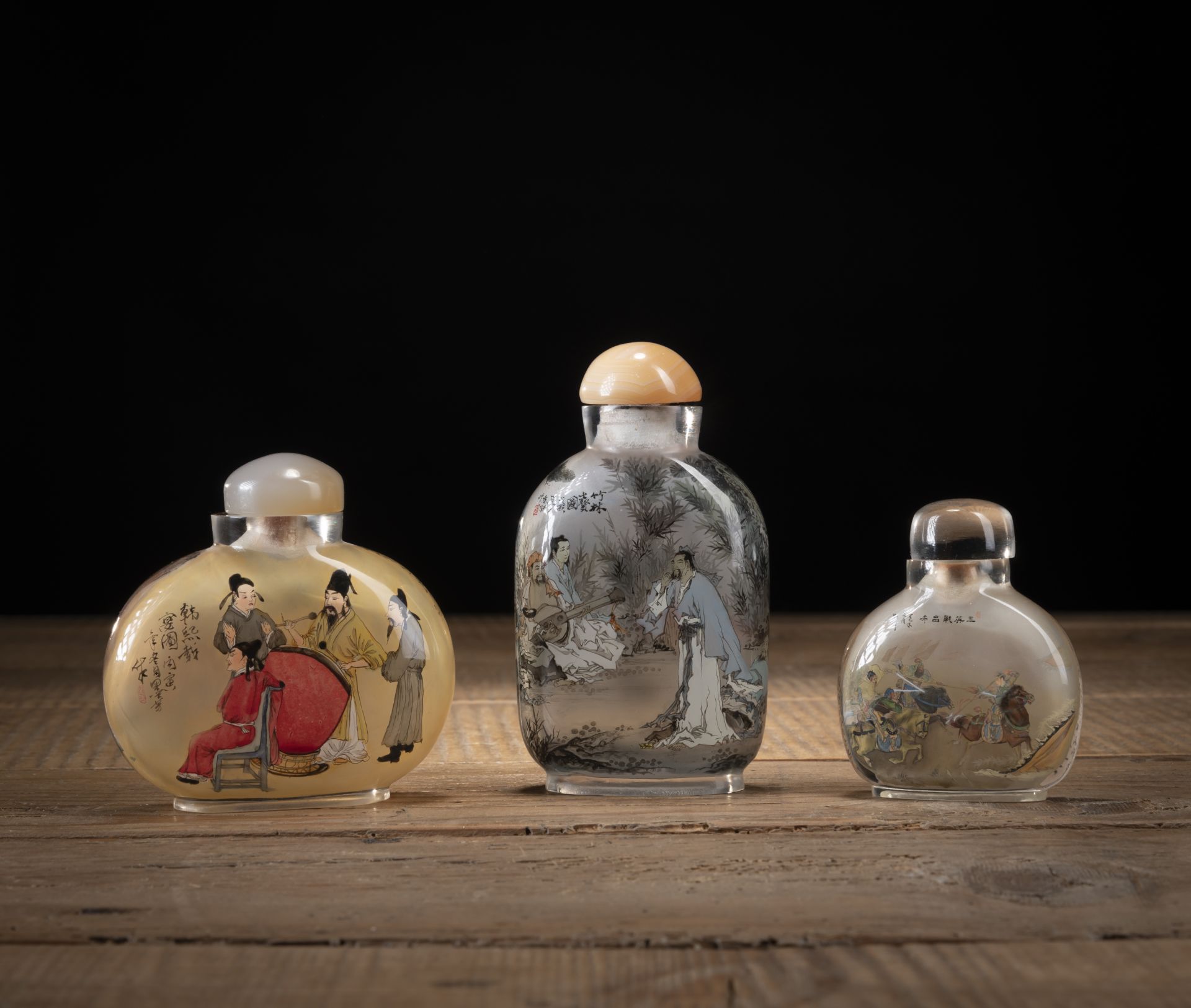 THREE GLASS SNUFF BOTTLES WITH FINE INSIDE PAINTING OF 'THE SEVEN SAGES OF THE BAMBOO GROVE', 'THE - Image 2 of 5