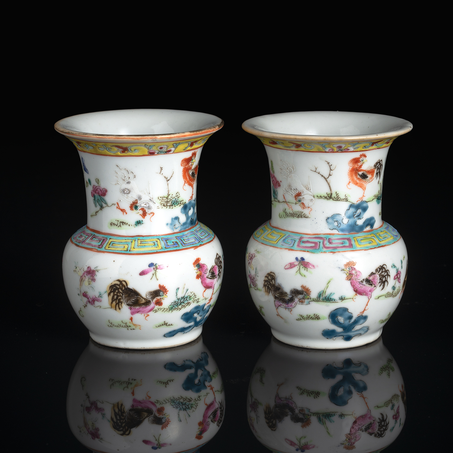 TWO SMALL SPITTOON-SHAPED 'FAMILLE ROSE' ROOSTER PORCELAIN VASES
