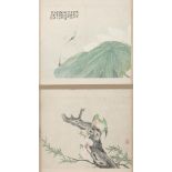 Paar Albumblätter mit Darstellung von Lotos und Garnelen bzw. Vogel auf blühendem Pfirsichbaum