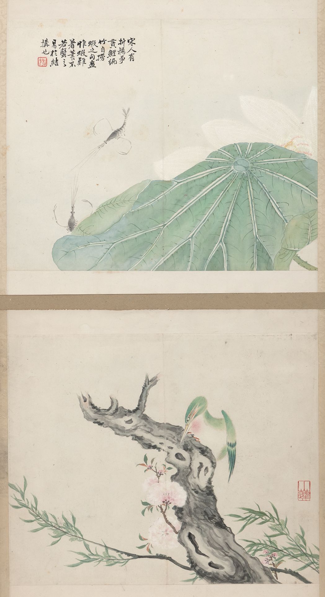 A PAIR OF ALBUM LEAVES DEPICTING LOTUS AND SHRIMP RESP. A BIRD ON A BLOSSOMING PEACH TREE